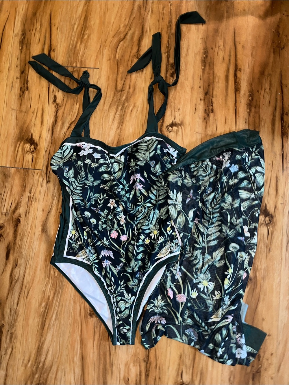 Botanical Print One-Piece Swimsuit with Sheer Cover-Up - Green Floral-Never worn